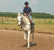 Ein Mann reitet auf einem Pferd über einen Acker